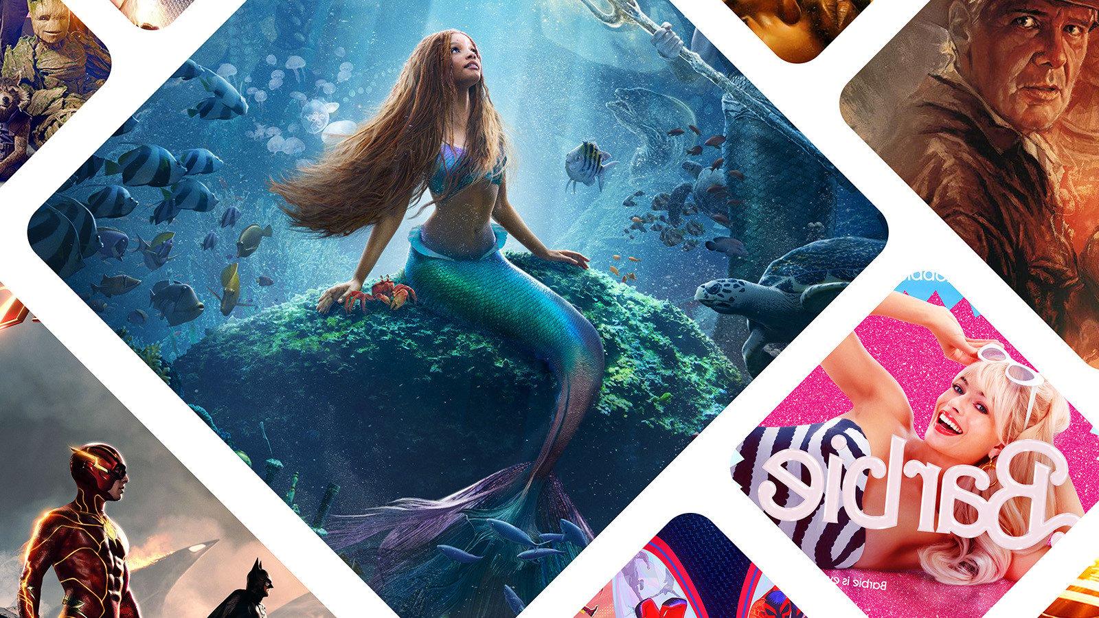 2023年夏季电影的马赛克图像, 包括《小美人鱼》,“芭比,以及《夺宝奇兵:命运之盘》.'